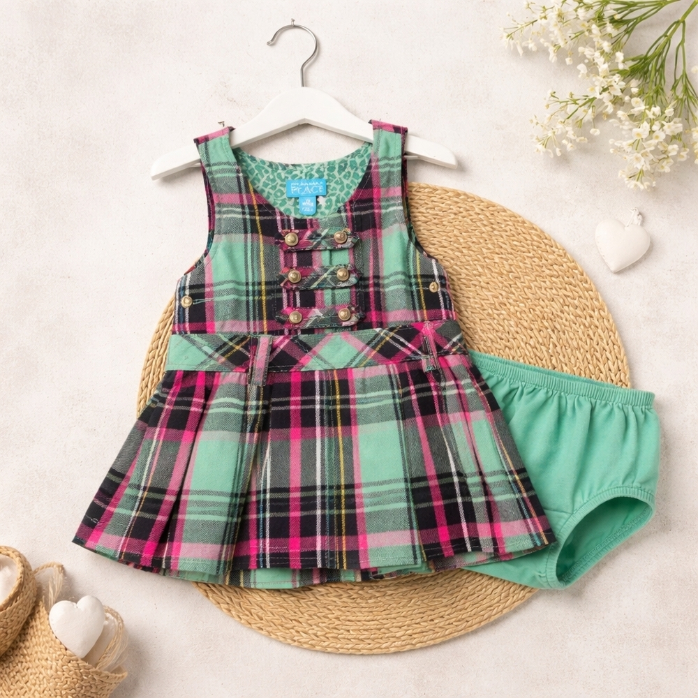 The Children's Place Mint Green & Pink Plaid Dress with Bloomers
